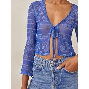NWT Reformation Jan Top Long Sleeve Mesh Sheer Tie Front Shirt in Blue